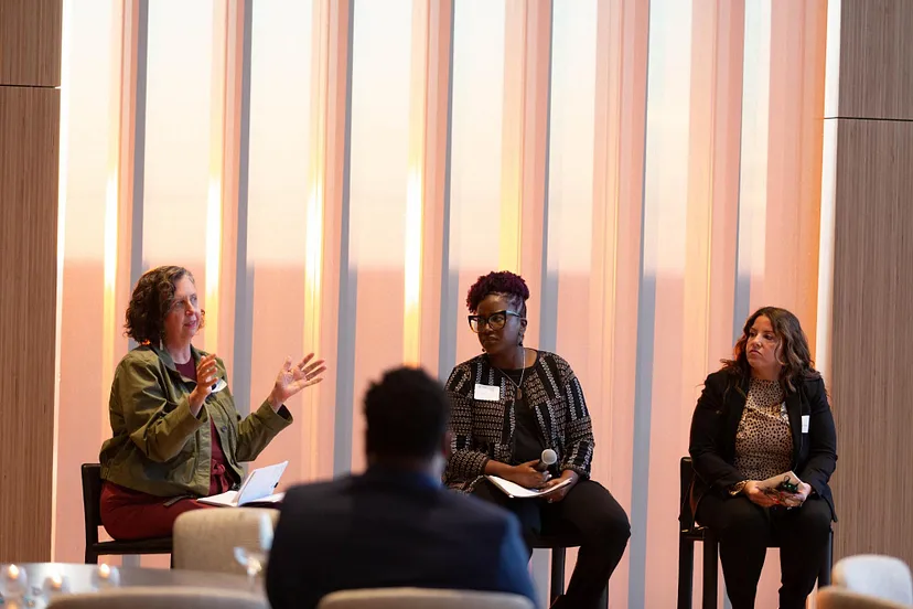 Krys Payne, NCS Co-Executive Director, engages in a Fireside Chat with Megan Hougard, Chief of College and Career Success at CPS, and Dawn Ramos, Principal at Tilden Career Community Academy Krys Payne, NCS Co-Executive Director, engages in a Fireside Chat with Megan Hougard, Chief of College and Career Success at CPS, and Dawn Ramos, Principal at Tilden Career Community Academy