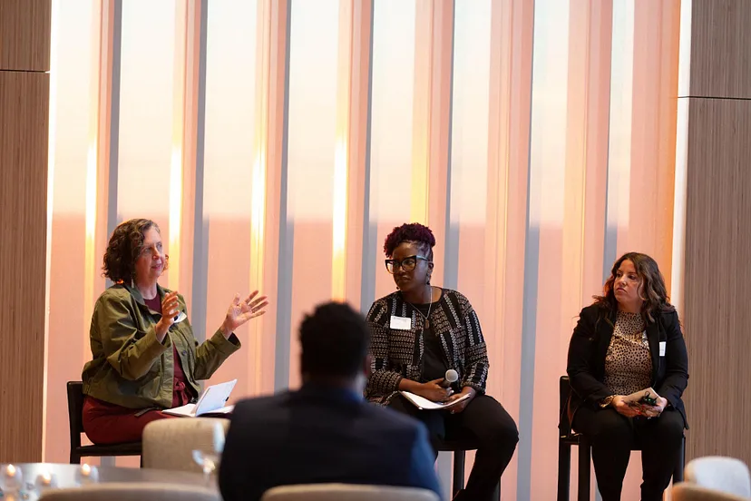 Krys Payne, NCS Co-Executive Director, engages in a Fireside Chat with Megan Hougard, Chief of College and Career Success at CPS, and Dawn Ramos, Principal at Tilden Career Community Academy